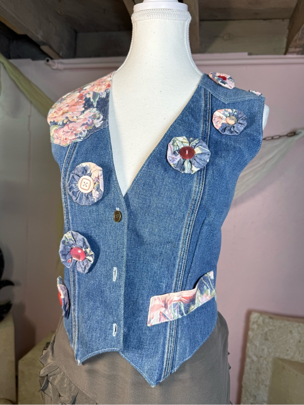 Handmade Denim Floral Button Vest Size M
